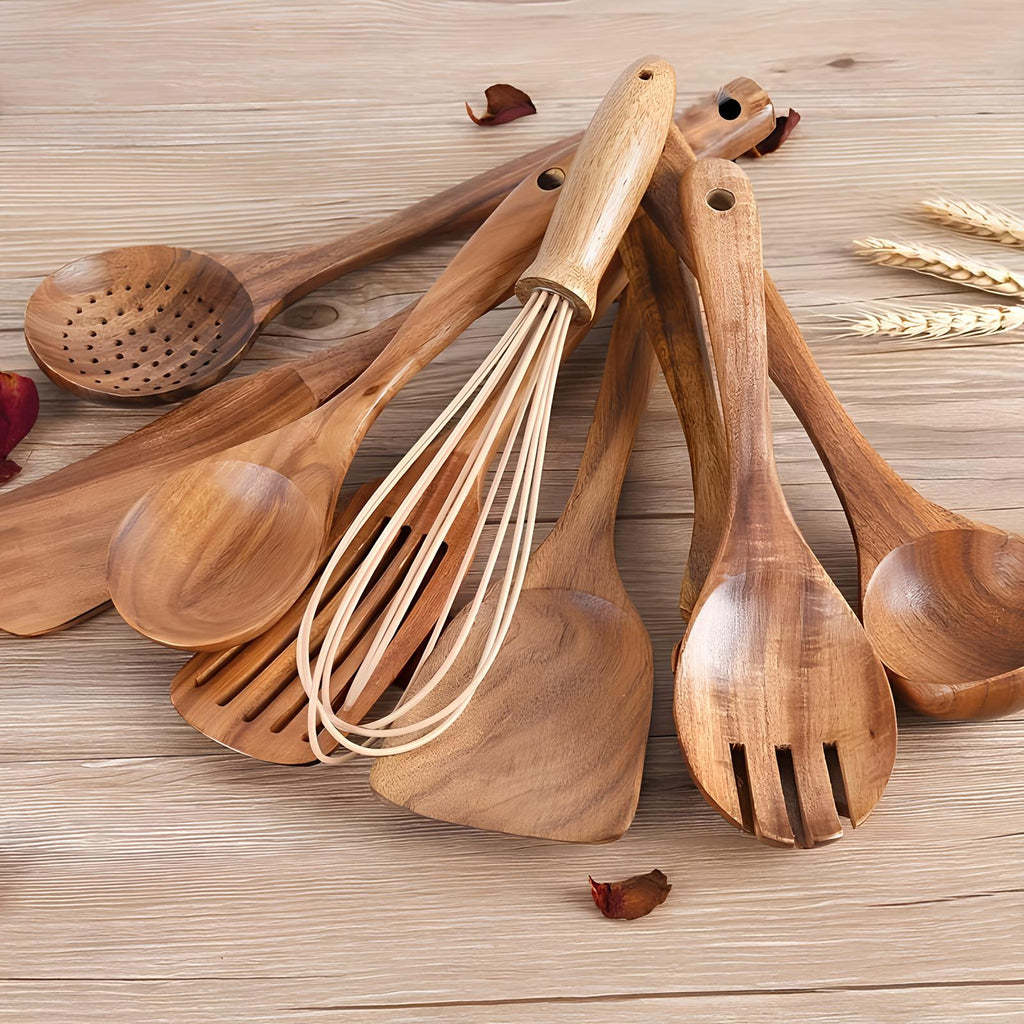 Skanto | Ensemble d'ustensiles de cuisine en teck de 11 pièces | Avec support | Bois naturel