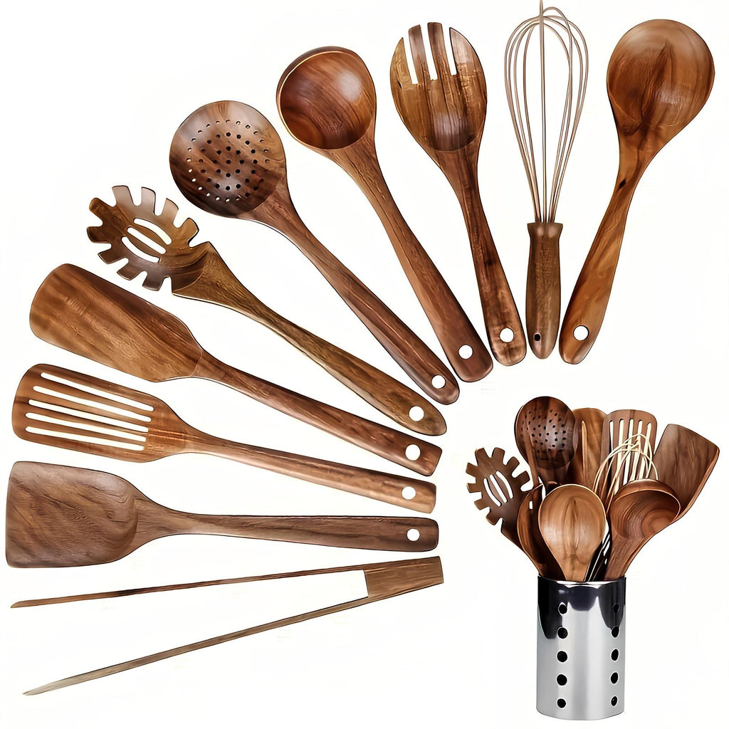 Skanto | Ensemble d'ustensiles de cuisine en teck de 11 pièces | Avec support | Bois naturel