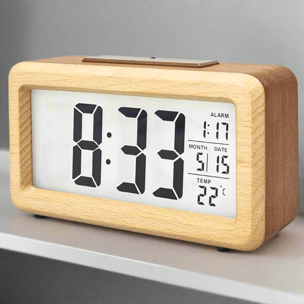 Réveil en Bois Naturel avec Affichage LED et Moniteur de Température