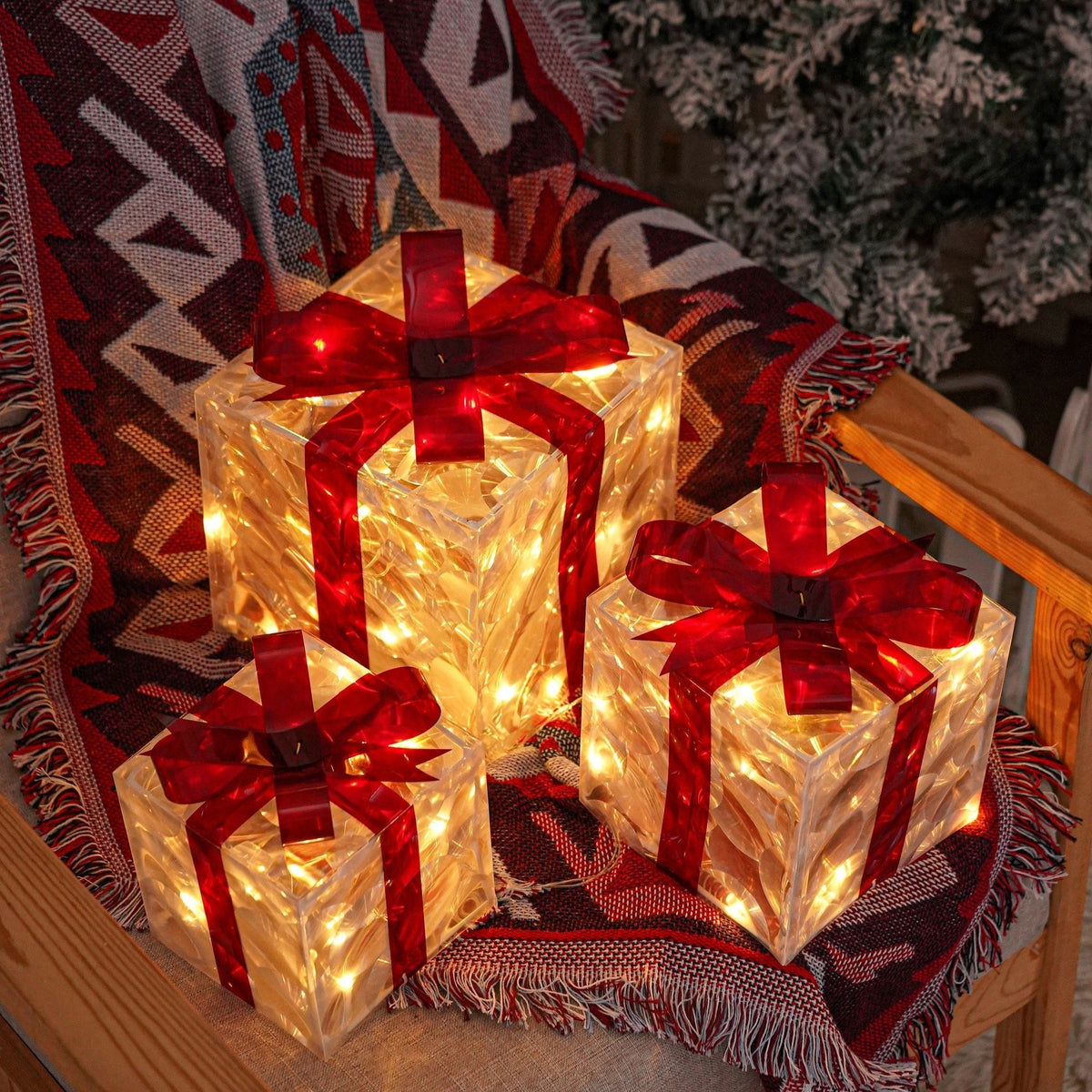 Éclairage de Noël LED – Ensemble de 3 Boîtes Cadeaux Illuminées pour Intérieur & Extérieur