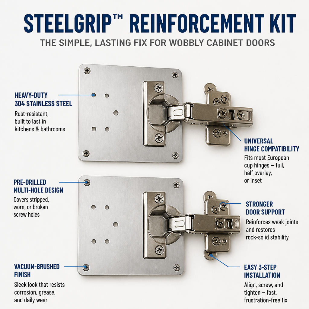 SteelGrip™ — Enfin, arrêtez les portes bancales et retrouvez la confiance d'un meuble solide