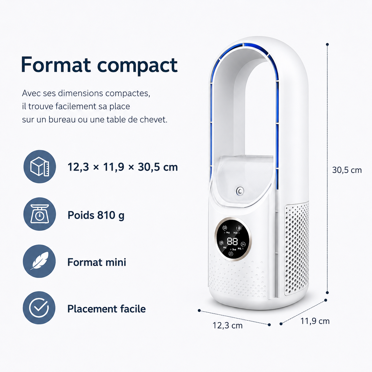 Airevo Refroidisseur d'Air | Ventilateur USB Sans Lame | 6 Niveaux | Silencieux & Avec Minuterie | Humidification de l'Air