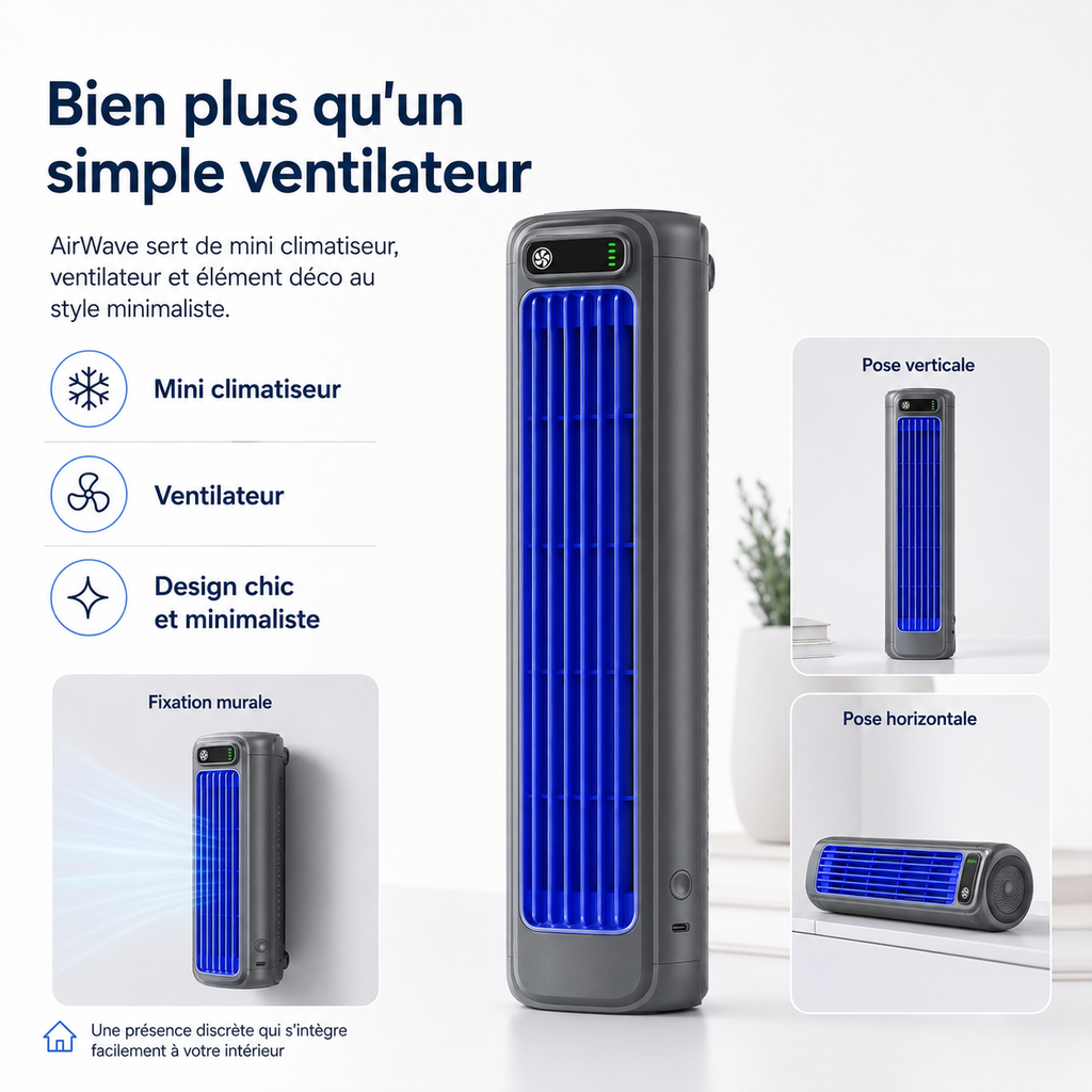 AirWave – Climatiseur Portable Rechargeable avec 12 Heures d'Autonomie
