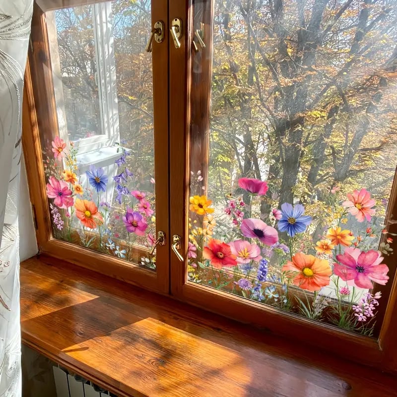 ✨DERNIER JOUR : 70 % DE RÉDUCTION ! - 💐 Autocollant de fenêtre avec bouquet floral coloré 🖼️ (Amovible sans laisser de traces)