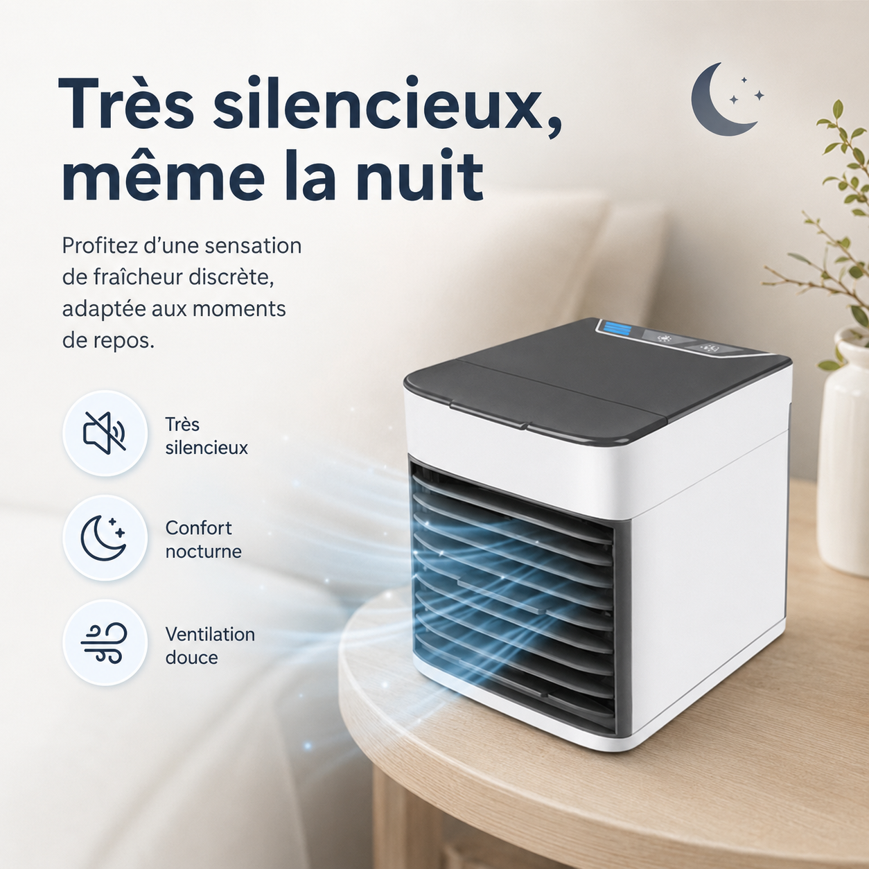 Refroidisseur d'air 3-en-1 avec ventilateur, humidificateur et purificateur d'air – Portable, silencieux et avec lampe de nuit LED