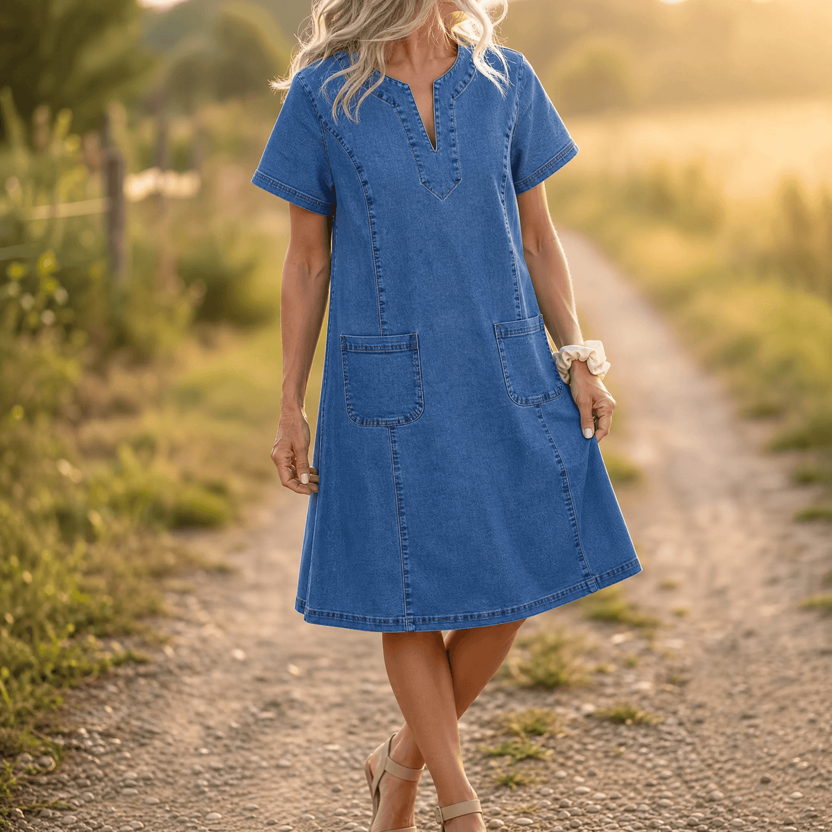Aurelene – Robe en denim à col en V pour femmes avec poches