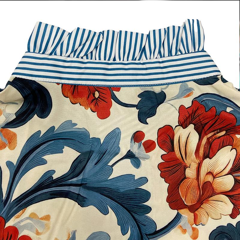 Blouse Satin Florale Baroque – Imprimé Audacieux avec Détails de Volants Rayés