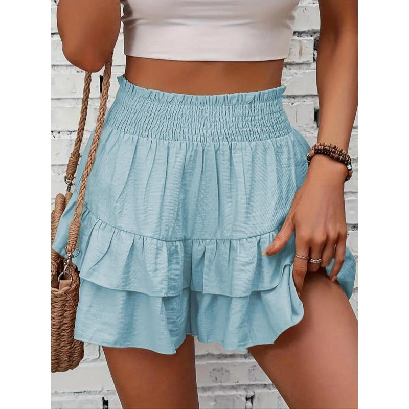 Shorts à volants smockés taille haute – Bas de lounge léger à double couche