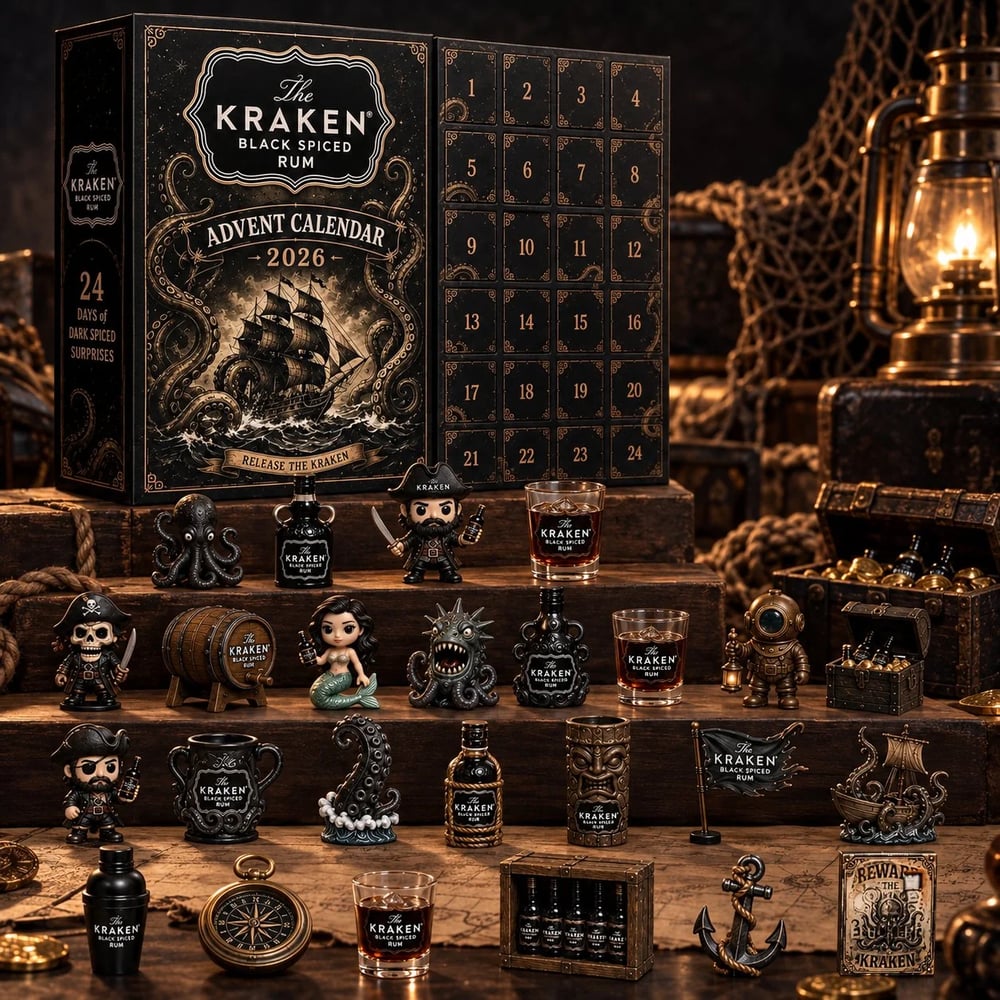 Calendrier de l'Avent en Mini Bouteille de Rhum Kraken de 24 Jours pour Affichage de Table de Bar de Fête, Cadeau Collectible pour Amateur de Rhum, Compte à Rebours de Noël & Décoration Festive