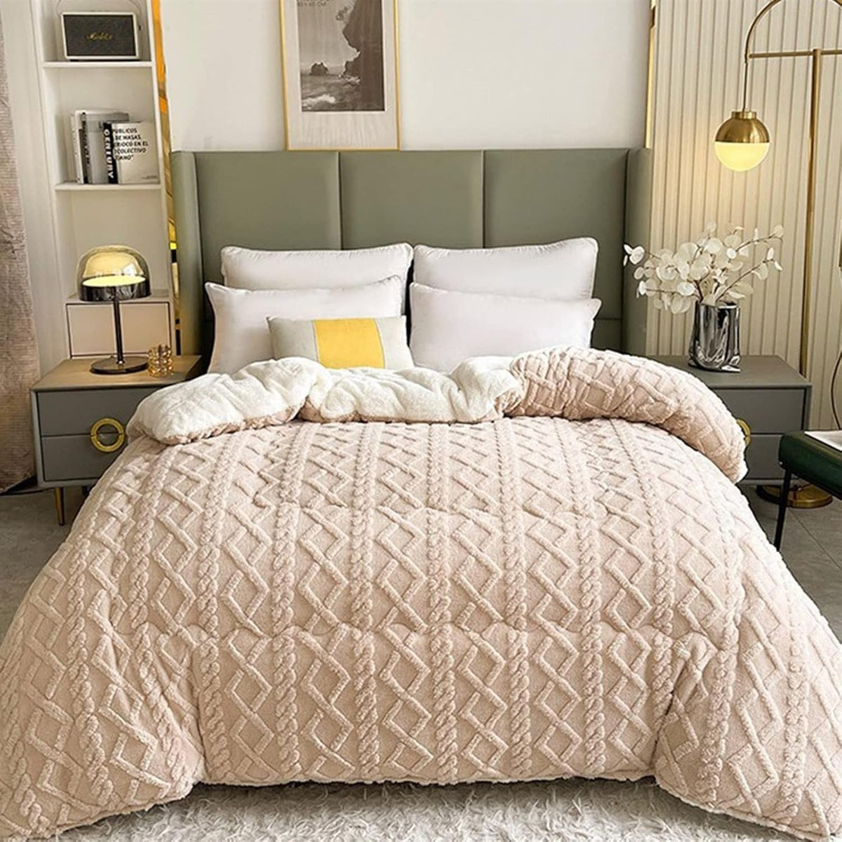 Couverture en Fleece Sherpa avec Motif Géométrique – Plaid Réversible Chaud pour Canapé et Lit