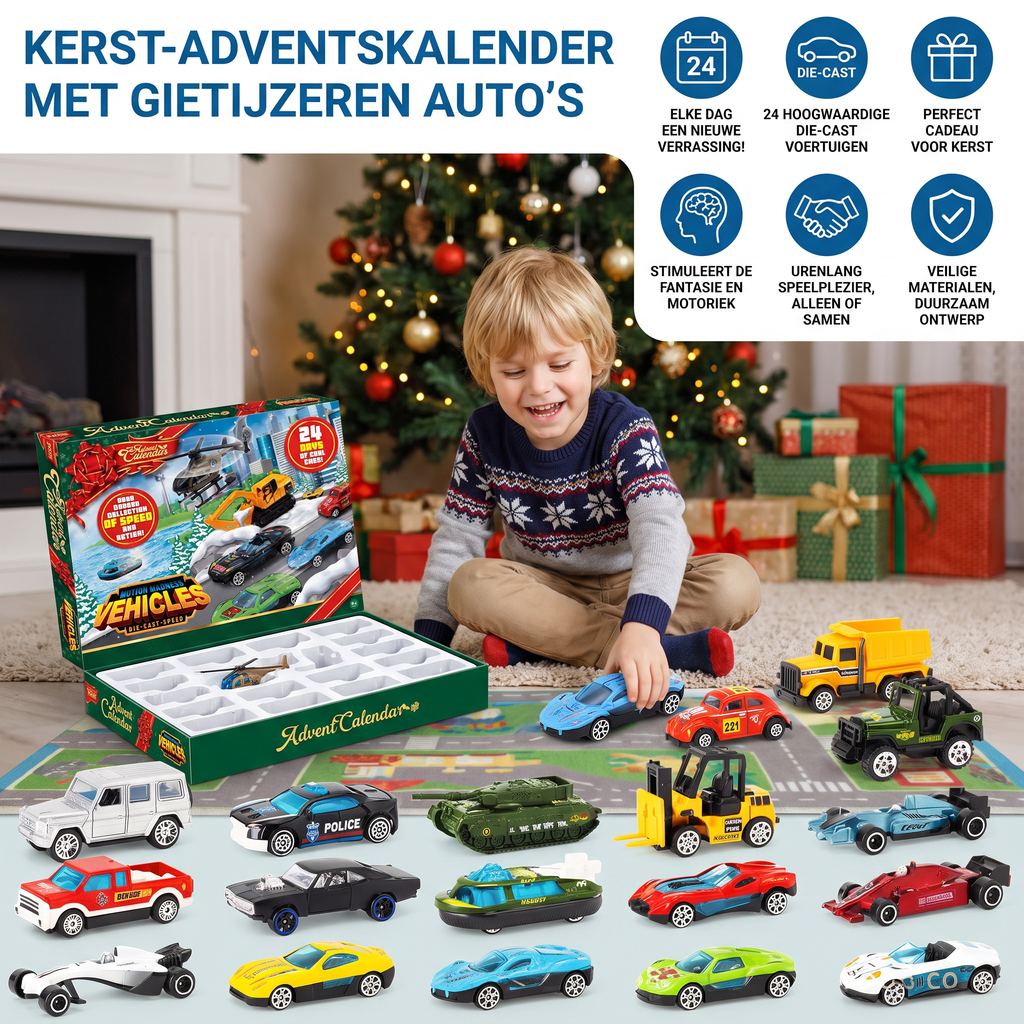 Calendrier de l'Avent de Noël avec des voitures en fonte pour enfants
