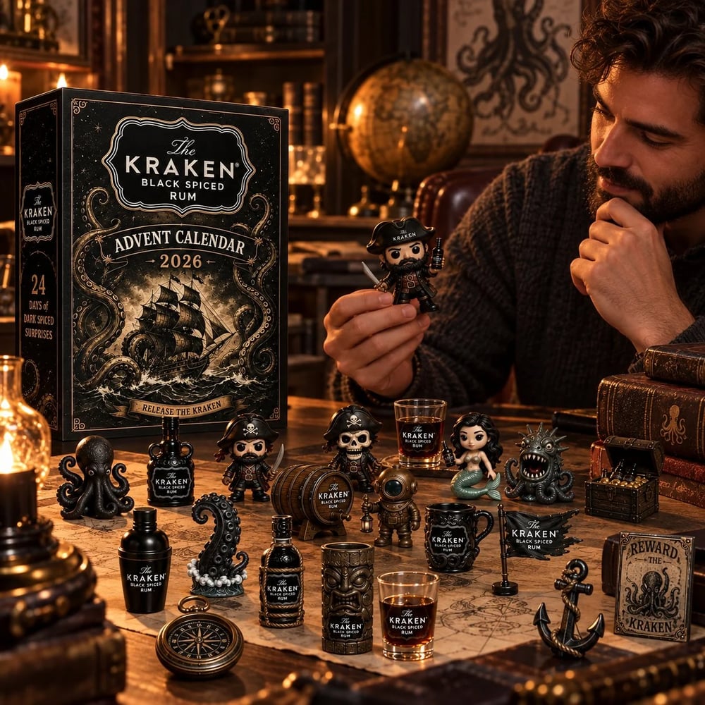 Calendrier de l'Avent en Mini Bouteille de Rhum Kraken de 24 Jours pour Affichage de Table de Bar de Fête, Cadeau Collectible pour Amateur de Rhum, Compte à Rebours de Noël & Décoration Festive