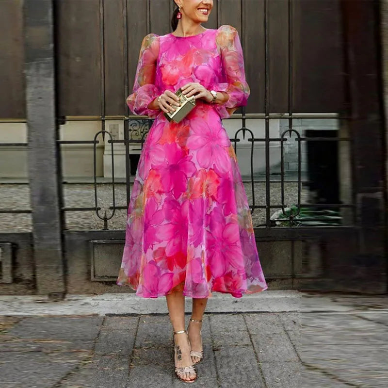 Robe Élégante à Imprimé Floral pour Femmes en Bleu et Rose