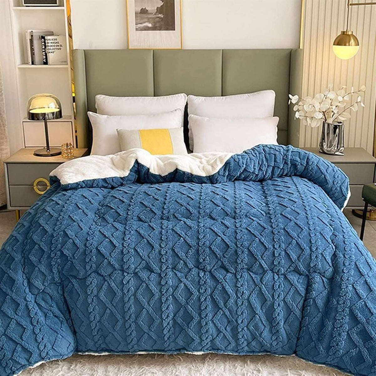 Couverture en Fleece Sherpa avec Motif Géométrique – Plaid Réversible Chaud pour Canapé et Lit