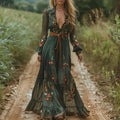 Robe Maxi Florale Bohème à Manches Longues pour Femmes - Jupe Étagée