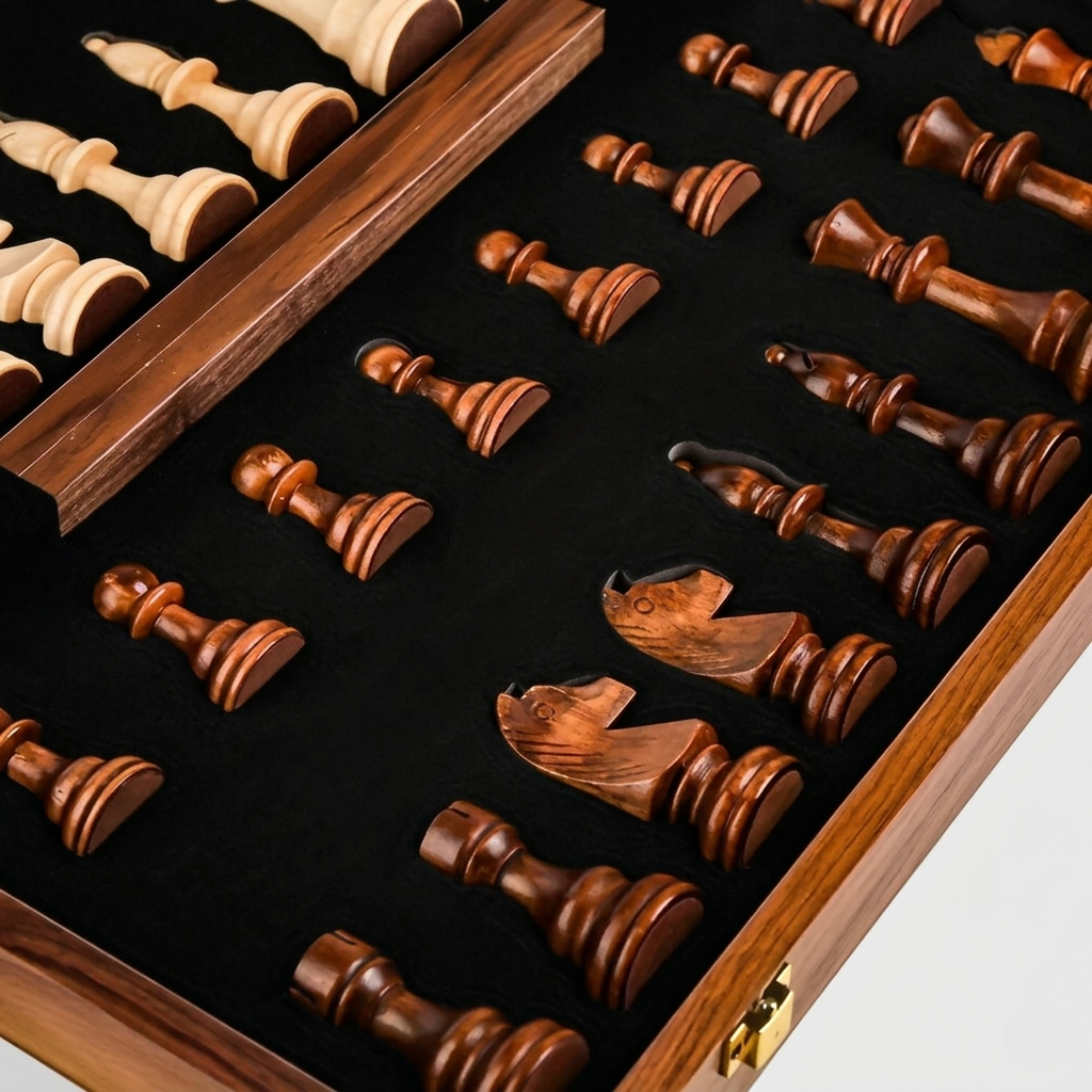 Set d'Échecs en Bois de Noyer Artisanale Échiquier Premium avec Rangement Intégré