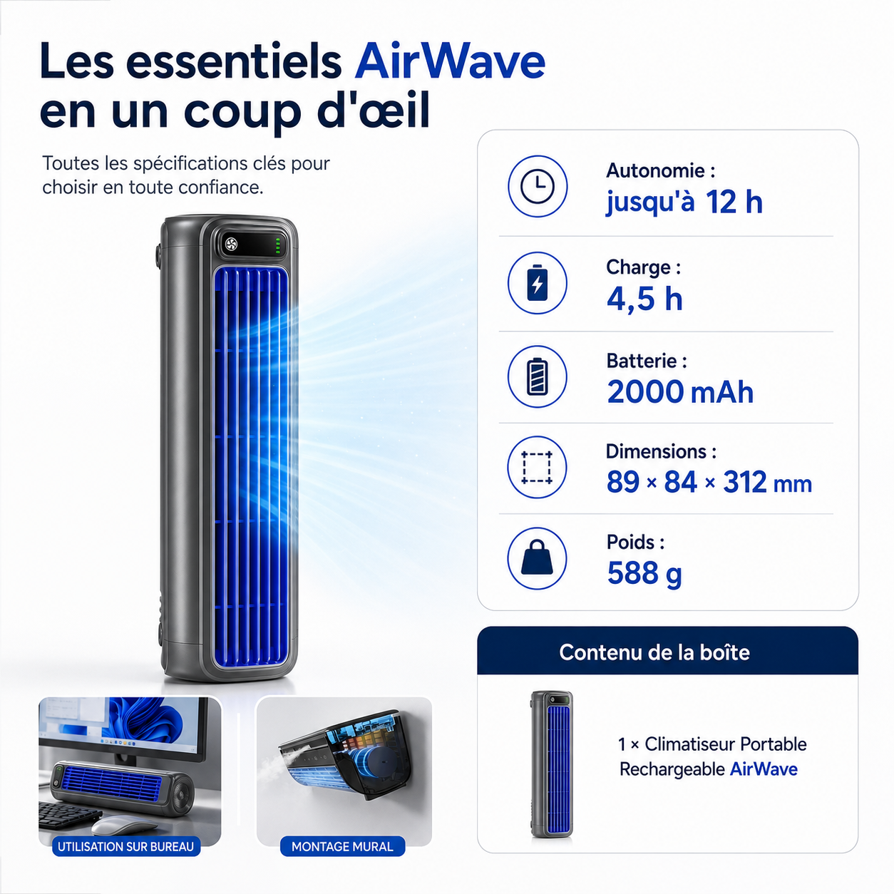 AirWave – Climatiseur Portable Rechargeable avec 12 Heures d'Autonomie