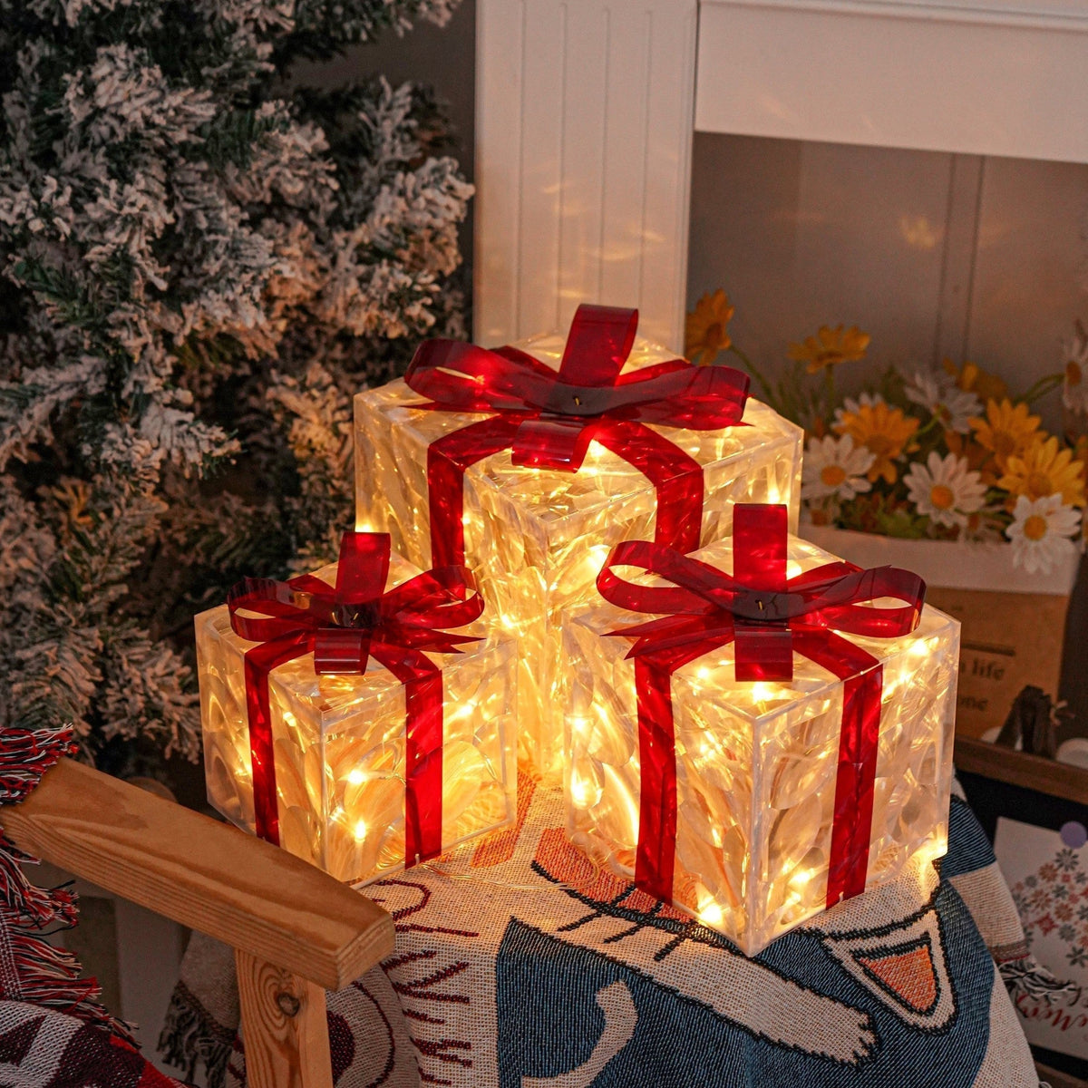 Éclairage de Noël LED – Ensemble de 3 Boîtes Cadeaux Illuminées pour Intérieur & Extérieur