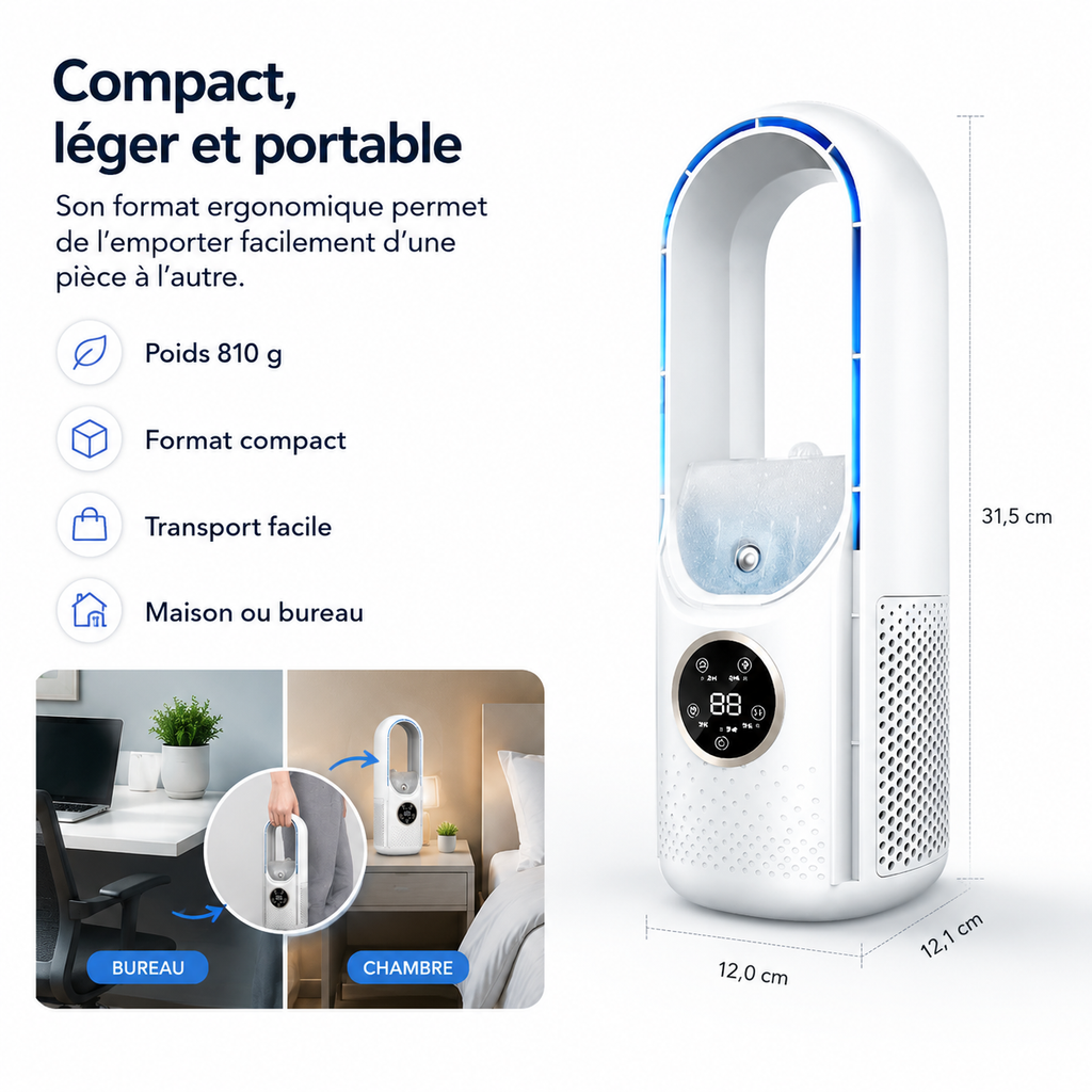 Airevo Refroidisseur d'Air | Ventilateur USB Sans Lame | 6 Niveaux | Silencieux & Avec Minuterie | Humidification de l'Air