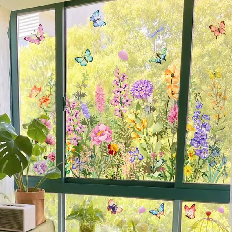 ✨DERNIER JOUR : 70 % DE RÉDUCTION ! - 💐 Autocollant de fenêtre avec bouquet floral coloré 🖼️ (Amovible sans laisser de traces)