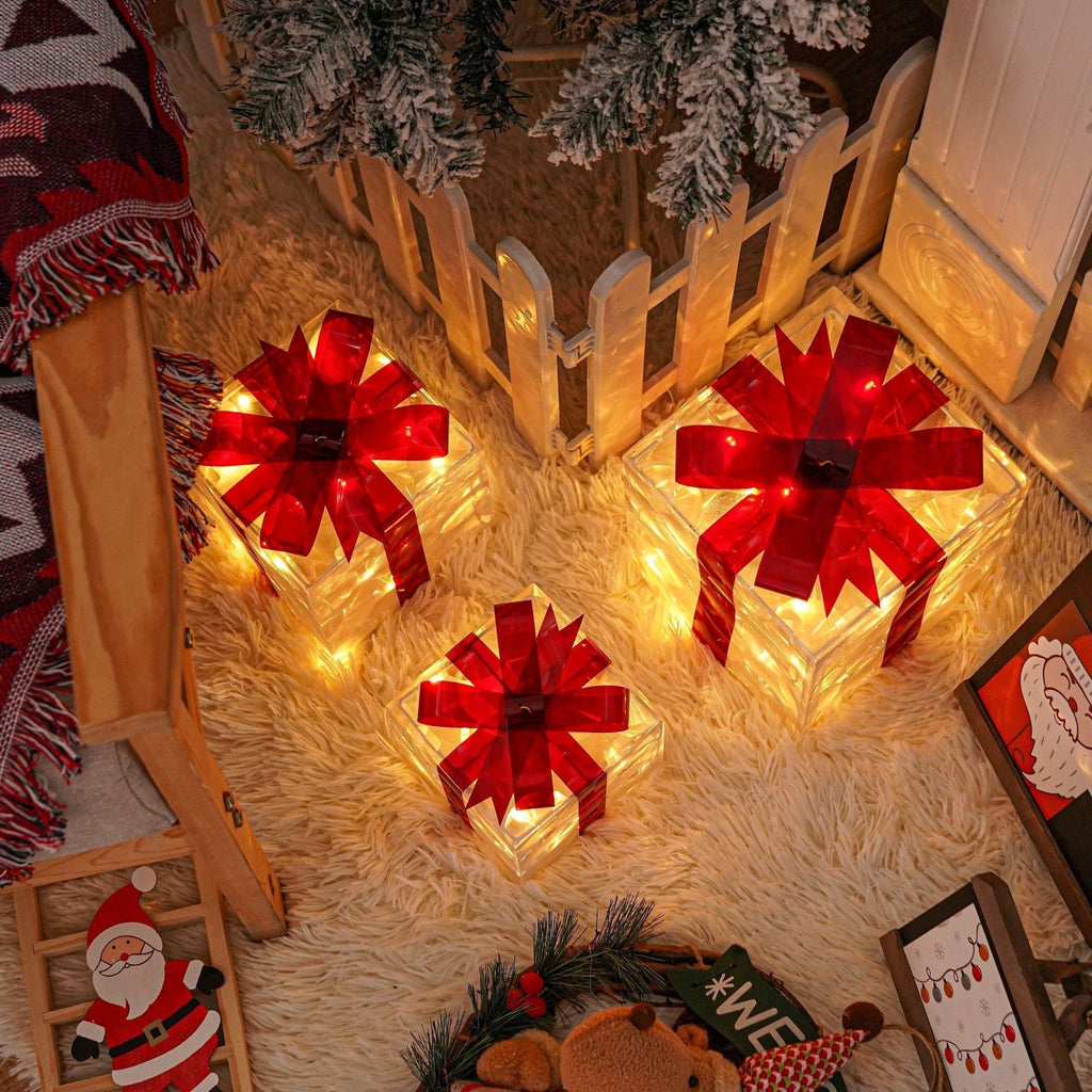 Éclairage de Noël LED – Ensemble de 3 Boîtes Cadeaux Illuminées pour Intérieur & Extérieur