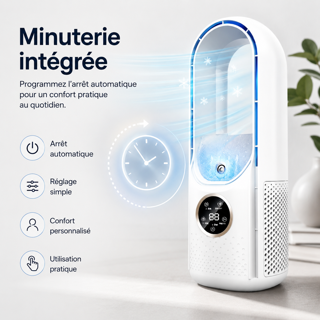 Airevo Refroidisseur d'Air | Ventilateur USB Sans Lame | 6 Niveaux | Silencieux & Avec Minuterie | Humidification de l'Air
