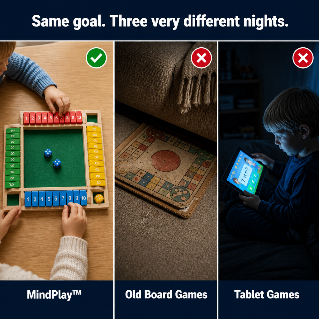 MindPlay™ — Échangez le Temps d'Écran Contre de Vraies Rires en Famille Avec des Dés en Bois