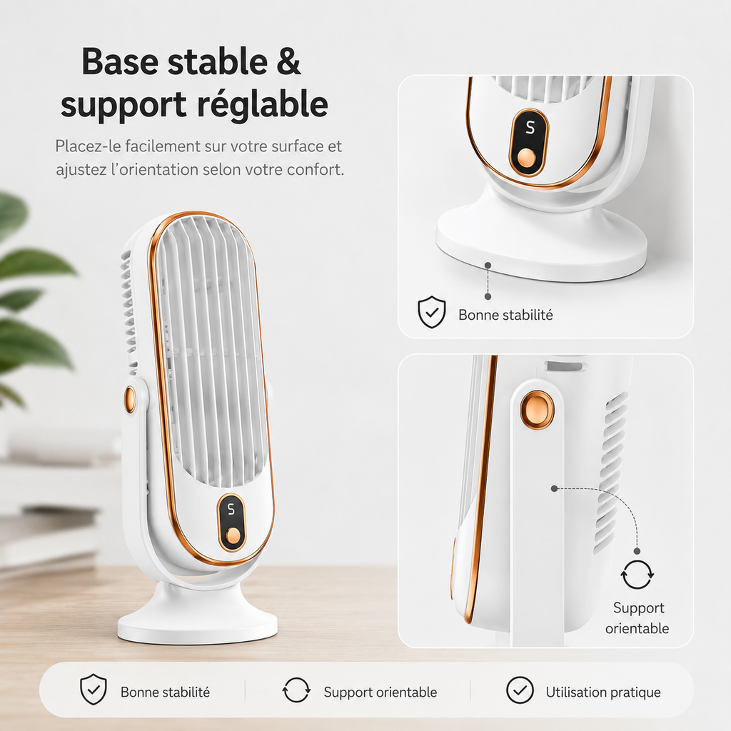 Ventilateur de Refroidissement AeroLux Elite | Double Moteur, Rotation à 720°, Rechargeable par USB & Ultra Silencieux pour un Confort Ultime Partout