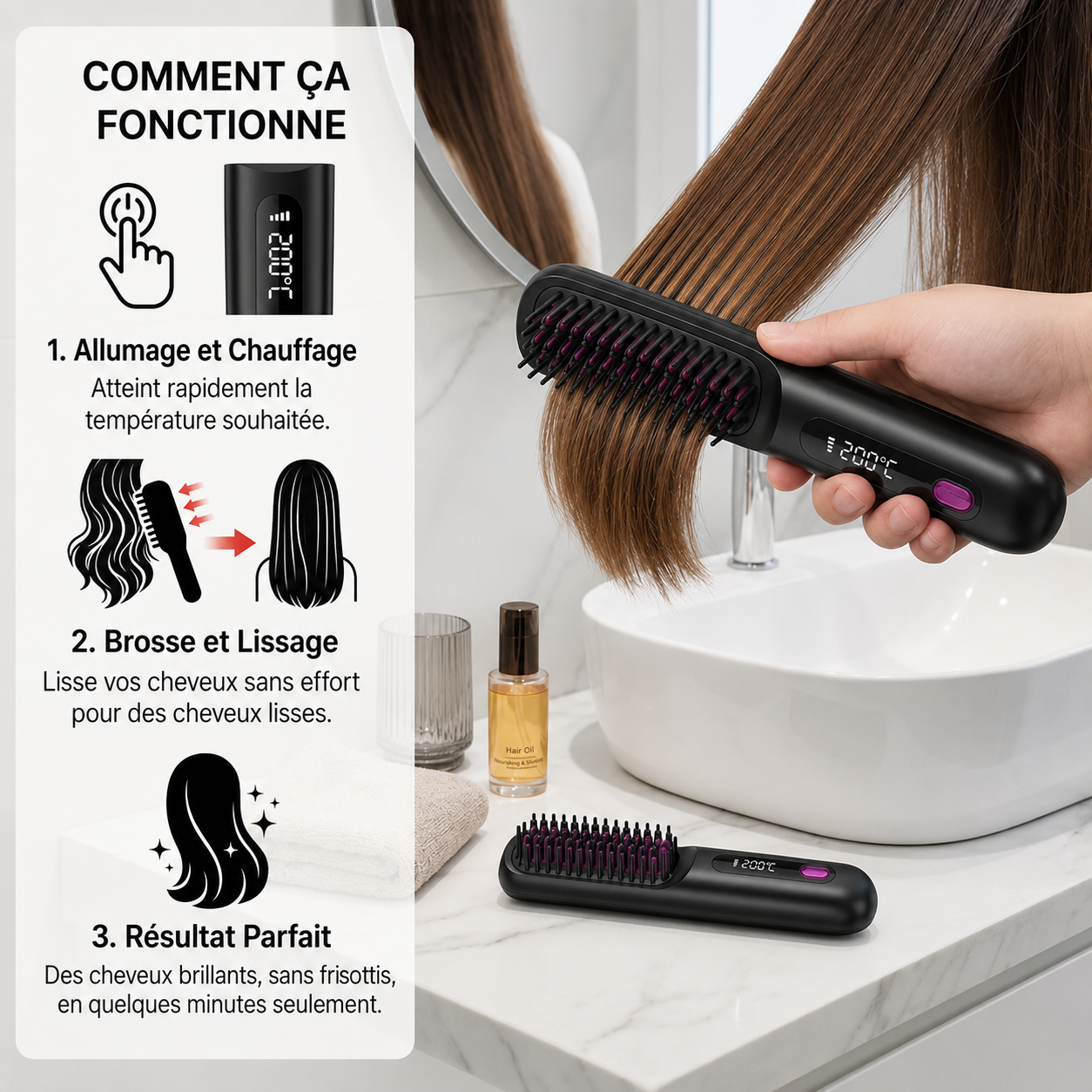 Brosse Lissante Cheveux Chauffage Rapide Température Réglable