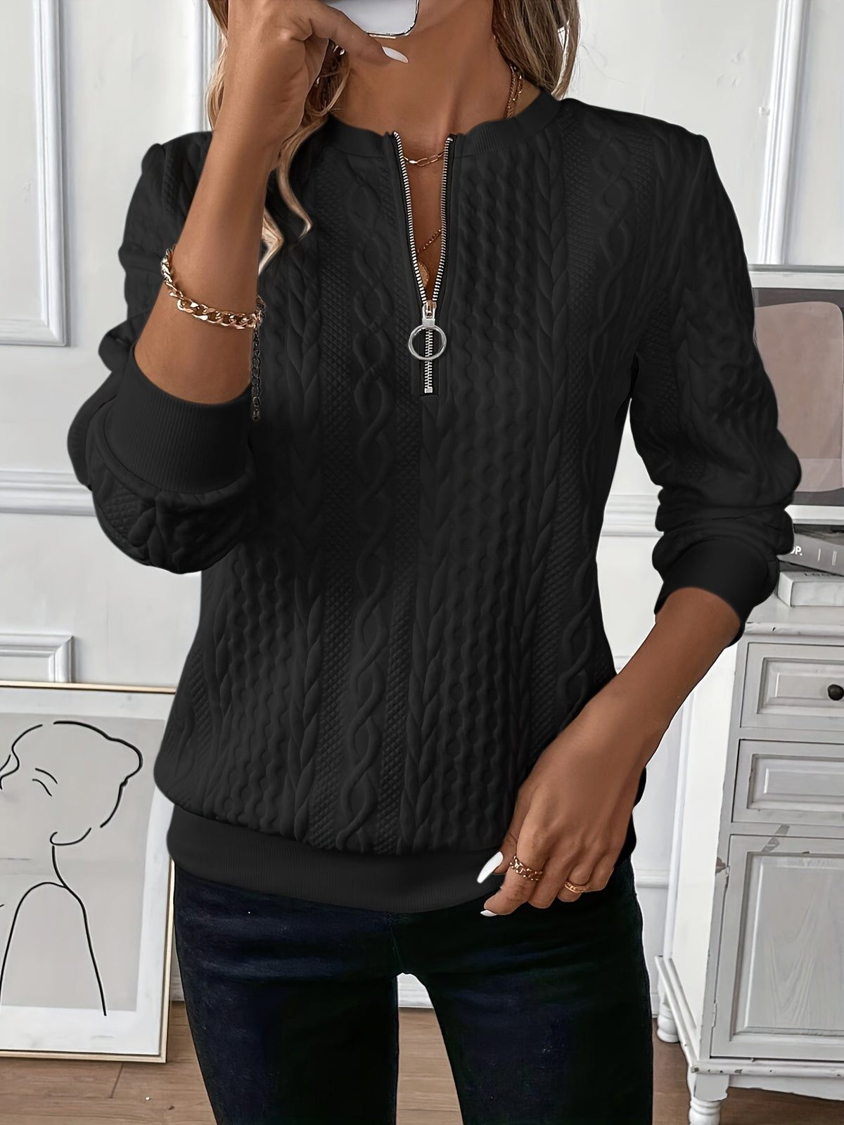 Pull Femme à Zip et Tricot en Câble