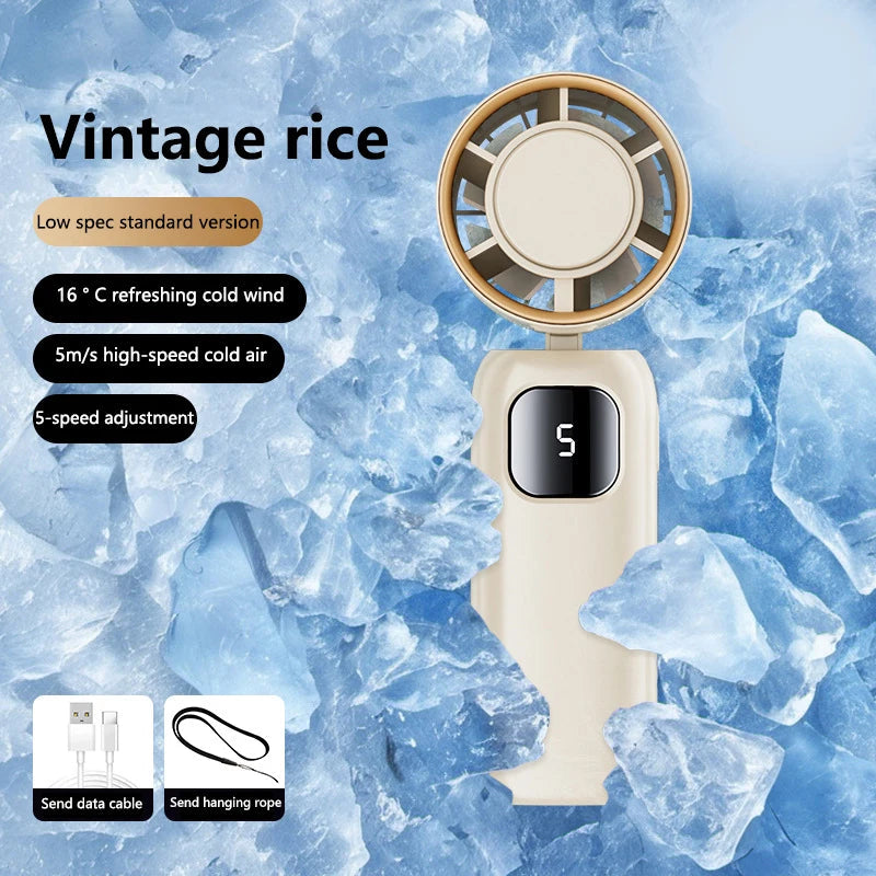 FrostTurbo Ventilateur à main avec fonction de refroidissement par glace | 199 niveaux réglables | Affichage numérique LED | Portable pour usage à la main et sur table | Batterie rechargeable USB | Idéal pour les voyages et à la maison