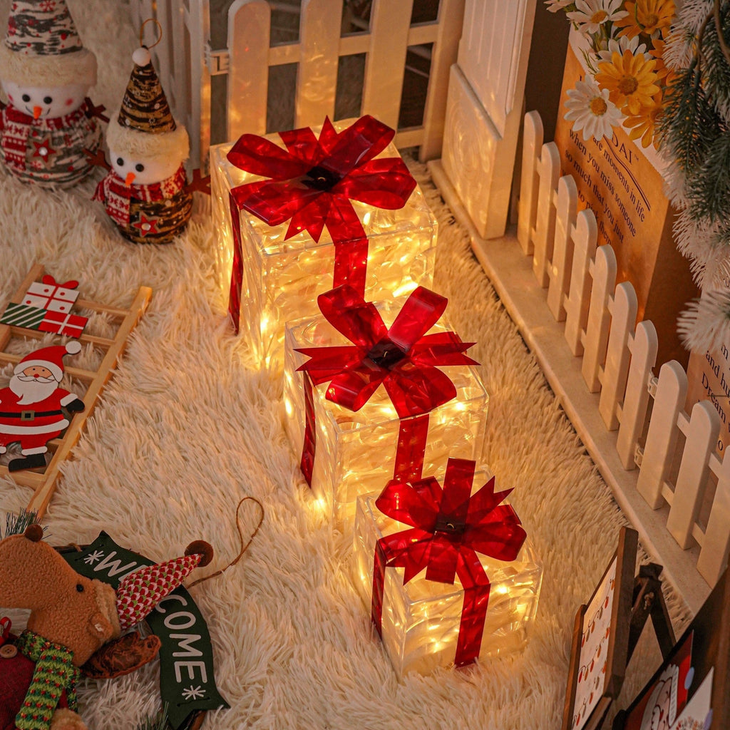 Éclairage de Noël LED – Ensemble de 3 Boîtes Cadeaux Illuminées pour Intérieur & Extérieur