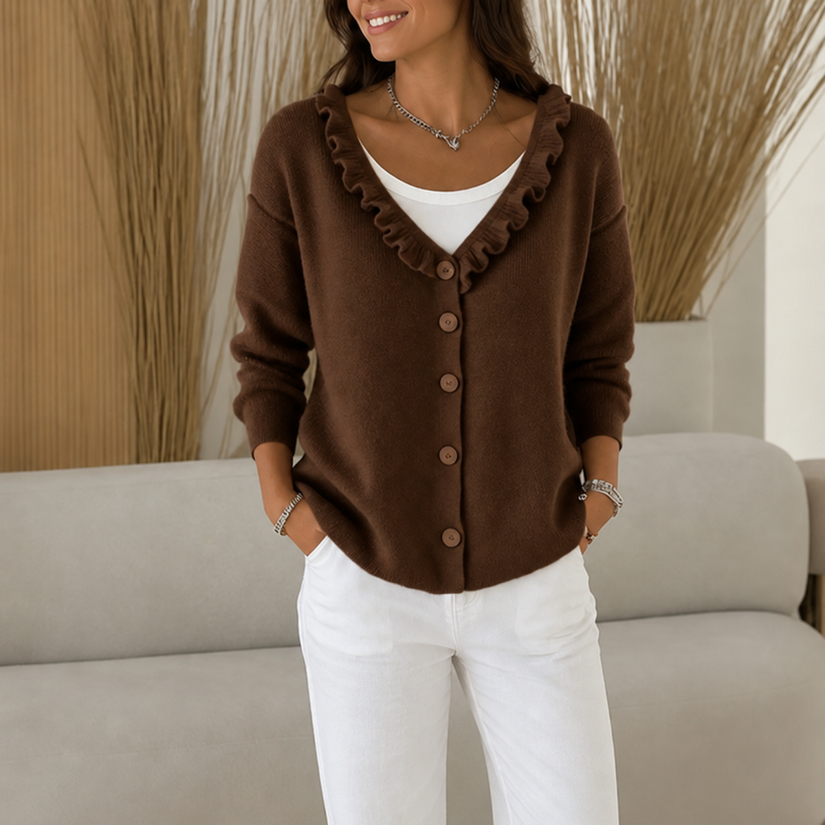 Wearbella – Cardigan en tricot extensible avec col volant