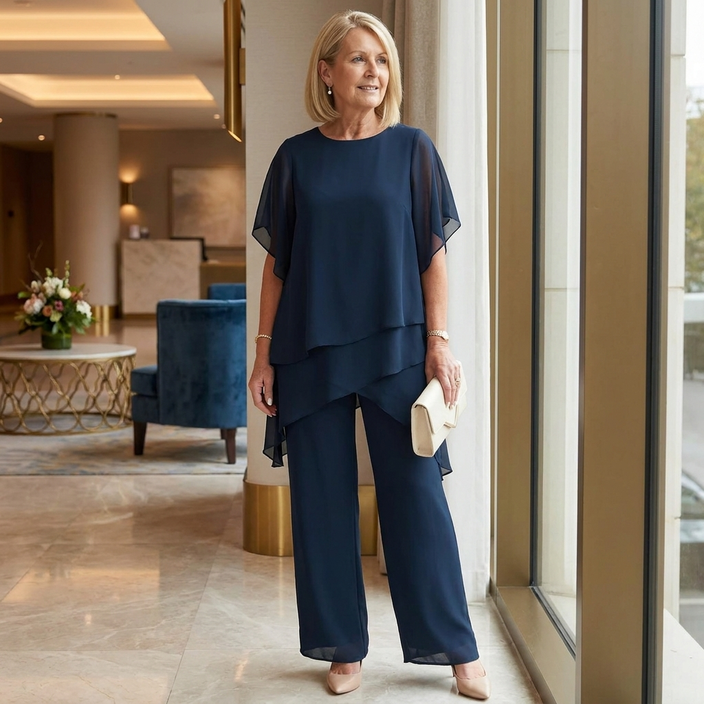 SerenLuxe™ – Ensemble en Chiffon Élégant à Deux Pièces avec Haut Asymétrique à Couches