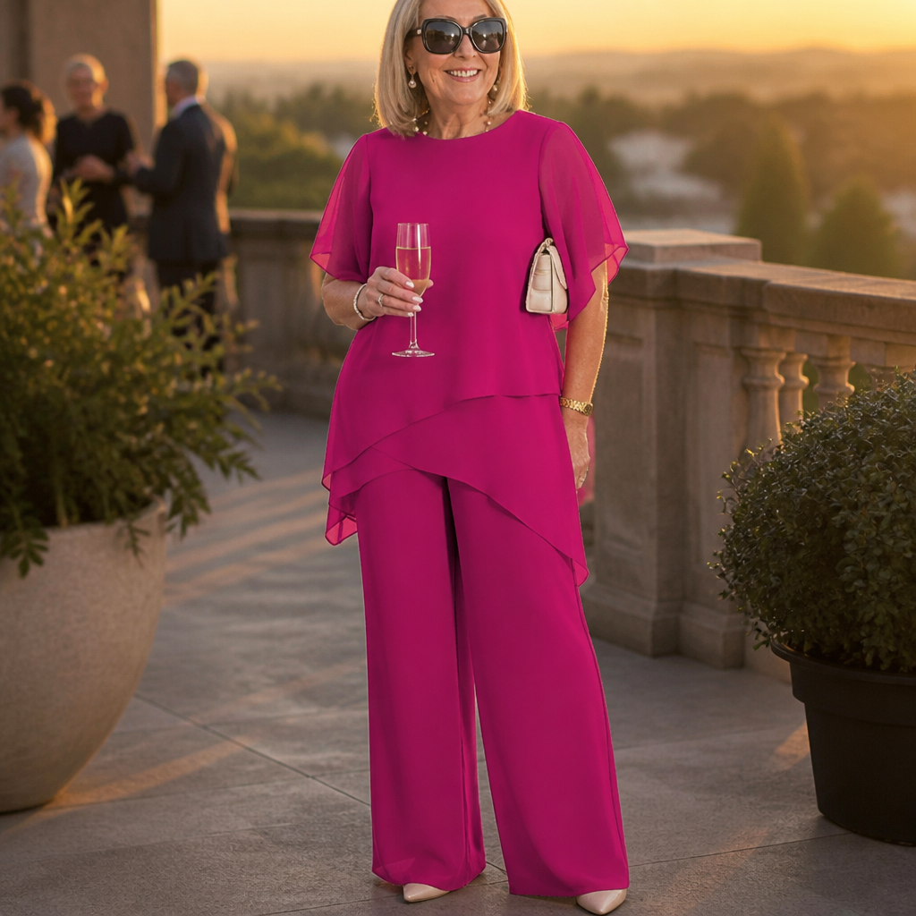 SerenLuxe™ – Ensemble en Chiffon Élégant à Deux Pièces avec Haut Asymétrique à Couches