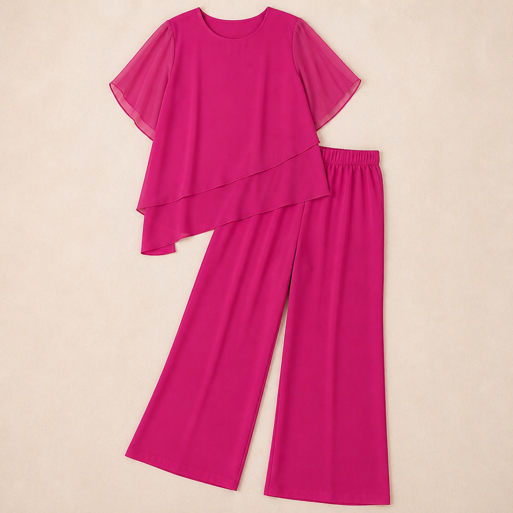 SerenLuxe™ – Ensemble en Chiffon Élégant à Deux Pièces avec Haut Asymétrique à Couches