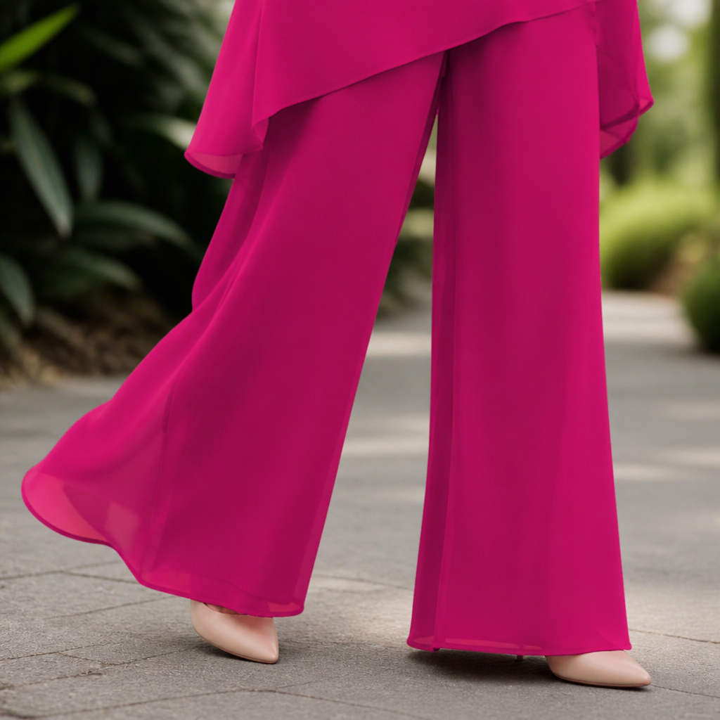 SerenLuxe™ – Ensemble en Chiffon Élégant à Deux Pièces avec Haut Asymétrique à Couches