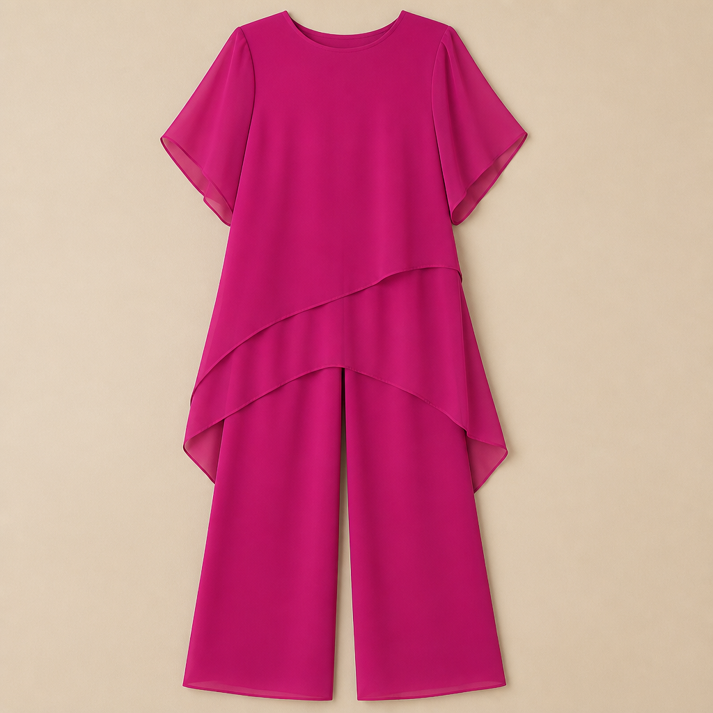 SerenLuxe™ – Ensemble en Chiffon Élégant à Deux Pièces avec Haut Asymétrique à Couches