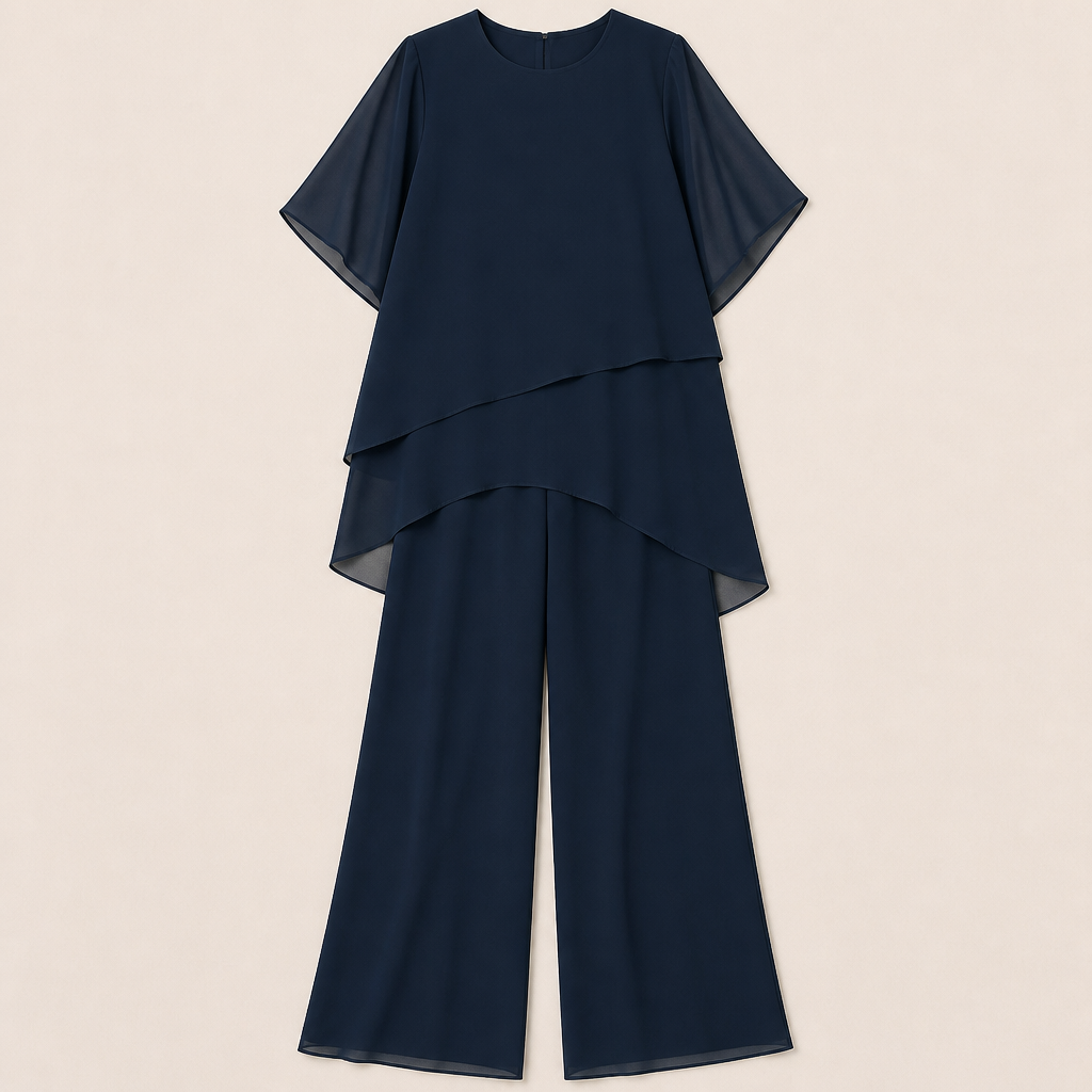 SerenLuxe™ – Ensemble en Chiffon Élégant à Deux Pièces avec Haut Asymétrique à Couches