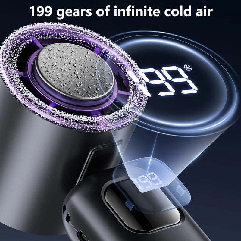 FrostTurbo Ventilateur à main avec fonction de refroidissement par glace | 199 niveaux réglables | Affichage numérique LED | Portable pour usage à la main et sur table | Batterie rechargeable USB | Idéal pour les voyages et à la maison