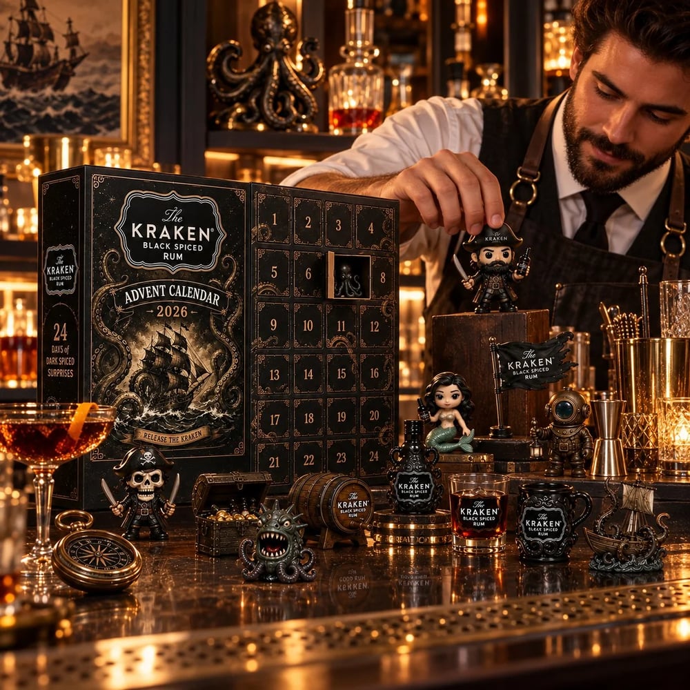 Calendrier de l'Avent en Mini Bouteille de Rhum Kraken de 24 Jours pour Affichage de Table de Bar de Fête, Cadeau Collectible pour Amateur de Rhum, Compte à Rebours de Noël & Décoration Festive