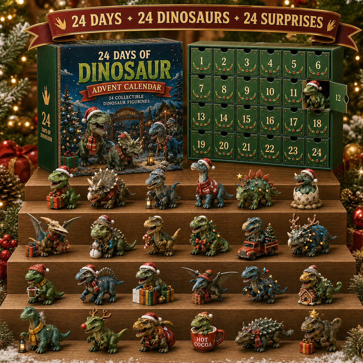 Calendrier de l'Avent de Noël des Dinosaures en 24 Jours – 24 Figurines de Dinosaures Collectionnables & Surprises de Fête