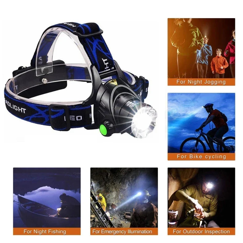 Lampe frontale LED étanche et puissante avec zoom et batterie rechargeable pour les activités de plein air