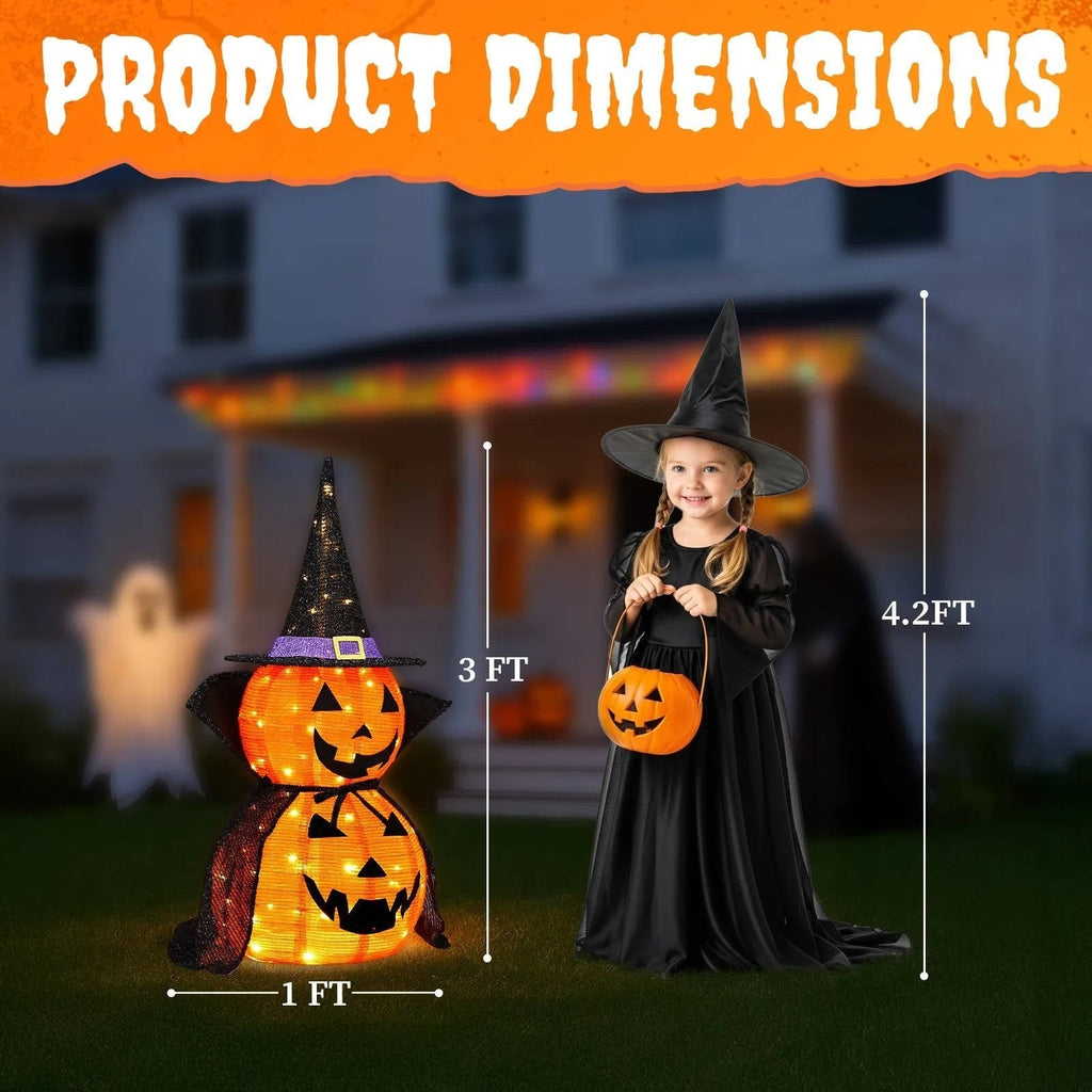 Citrouilles d'Halloween 3 pieds 2 Pack, Décorations de Citrouilles Illuminées avec Chapeau et Cape, Décorations de Citrouilles Géantes Effondrables pour Halloween en Extérieur