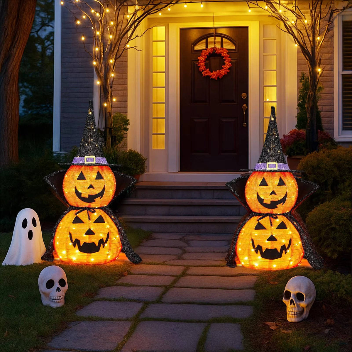 Citrouilles d'Halloween 3 pieds 2 Pack, Décorations de Citrouilles Illuminées avec Chapeau et Cape, Décorations de Citrouilles Géantes Effondrables pour Halloween en Extérieur