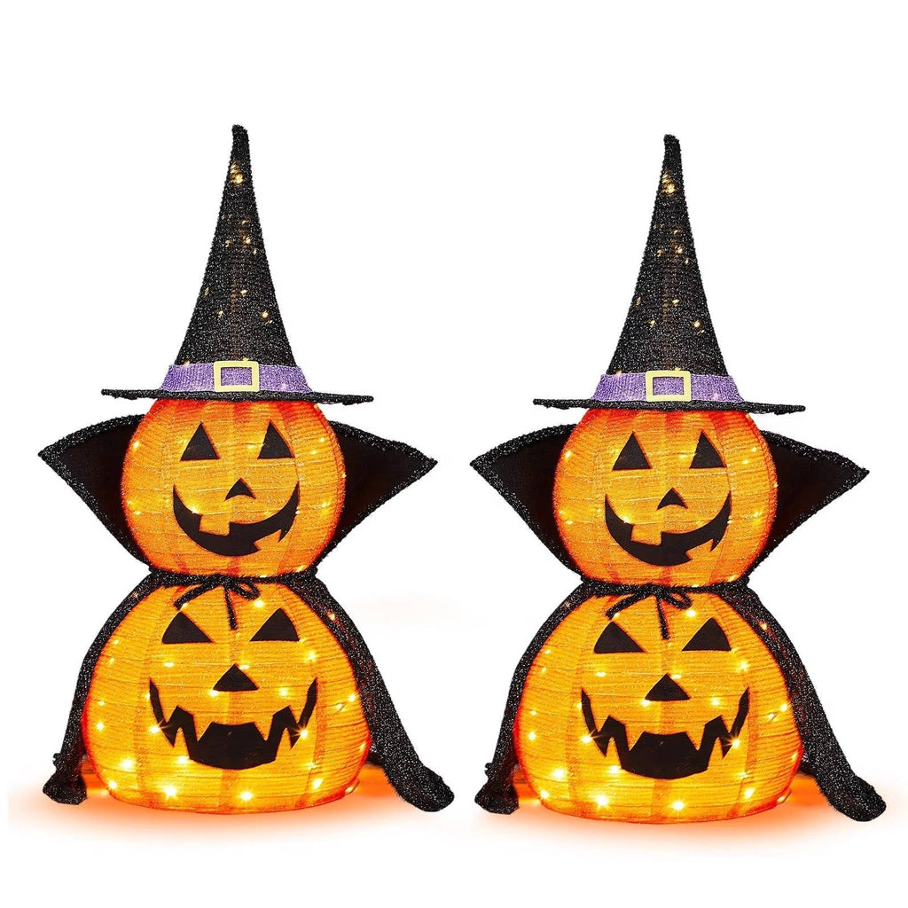 Citrouilles d'Halloween 3 pieds 2 Pack, Décorations de Citrouilles Illuminées avec Chapeau et Cape, Décorations de Citrouilles Géantes Effondrables pour Halloween en Extérieur