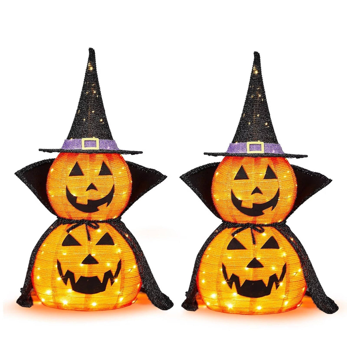 Citrouilles d'Halloween 3 pieds 2 Pack, Décorations de Citrouilles Illuminées avec Chapeau et Cape, Décorations de Citrouilles Géantes Effondrables pour Halloween en Extérieur