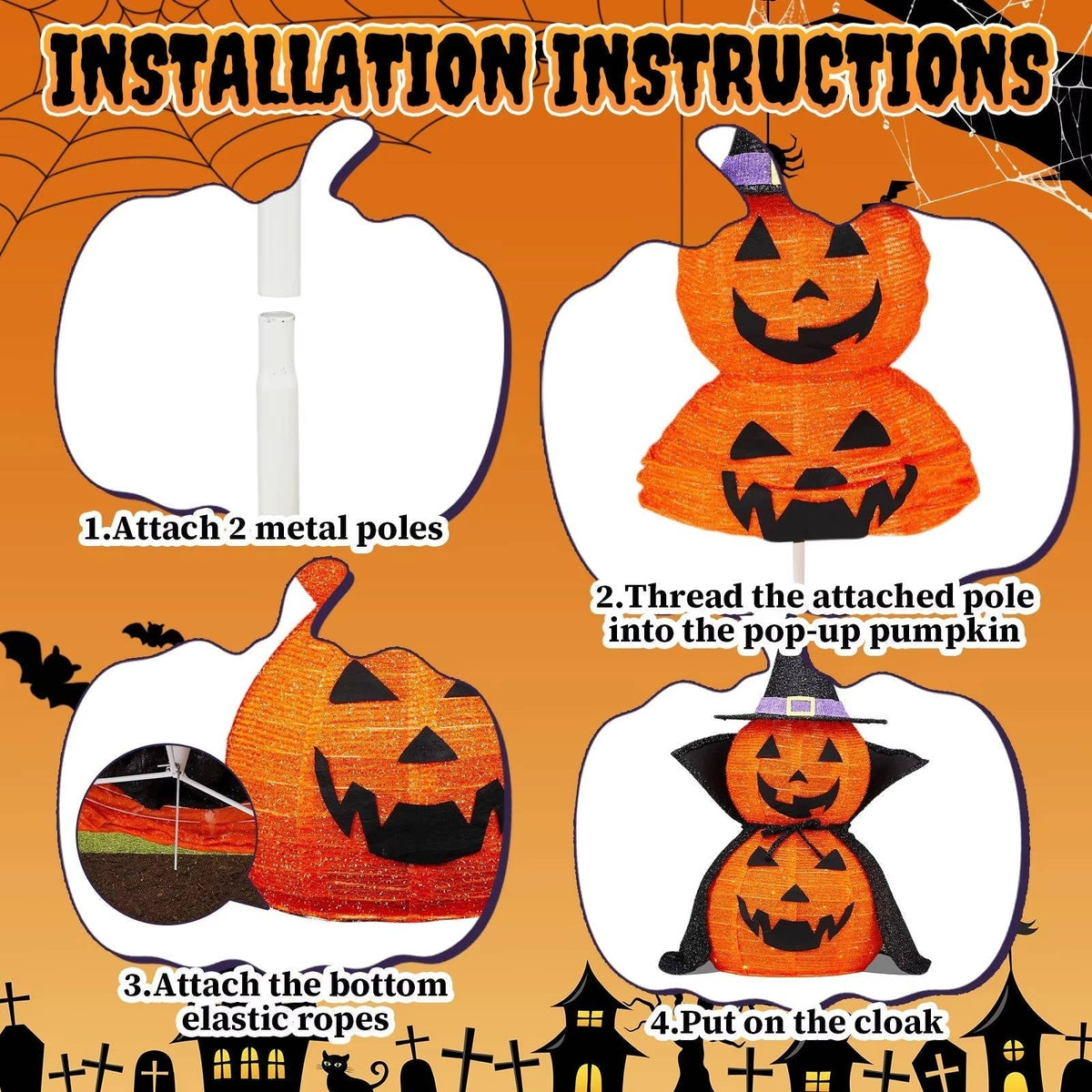 Citrouilles d'Halloween 3 pieds 2 Pack, Décorations de Citrouilles Illuminées avec Chapeau et Cape, Décorations de Citrouilles Géantes Effondrables pour Halloween en Extérieur