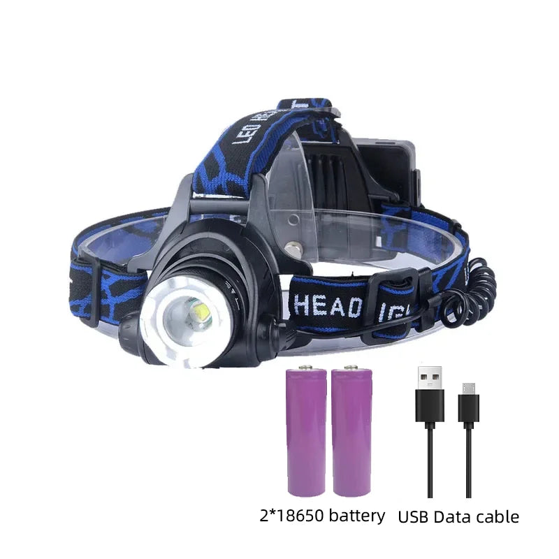 Lampe frontale LED étanche et puissante avec zoom et batterie rechargeable pour les activités de plein air