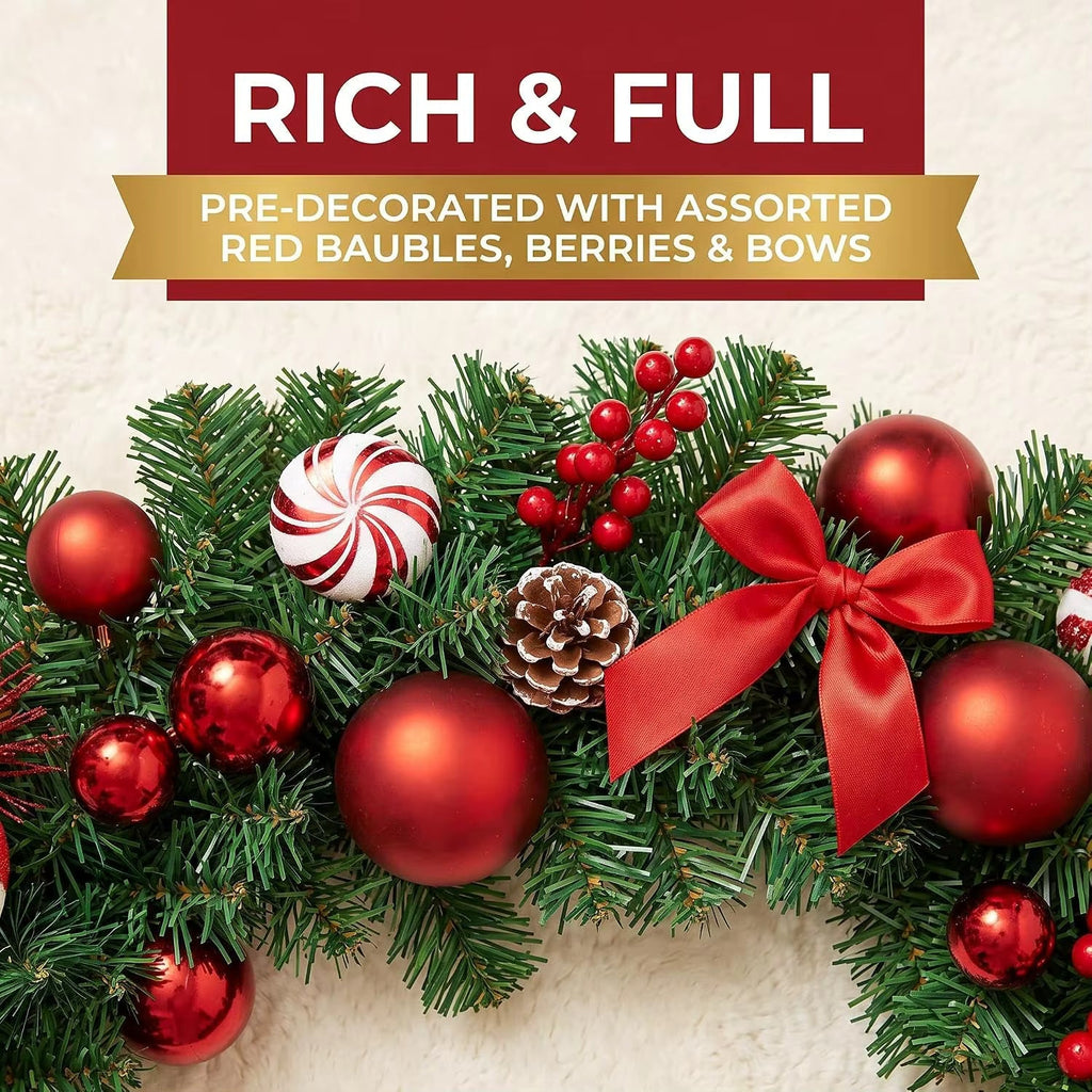 Guirlande de Noël Couvertes de Neige avec Cônes de Pin et Baies Rouges – Décoration de Noël Flexible